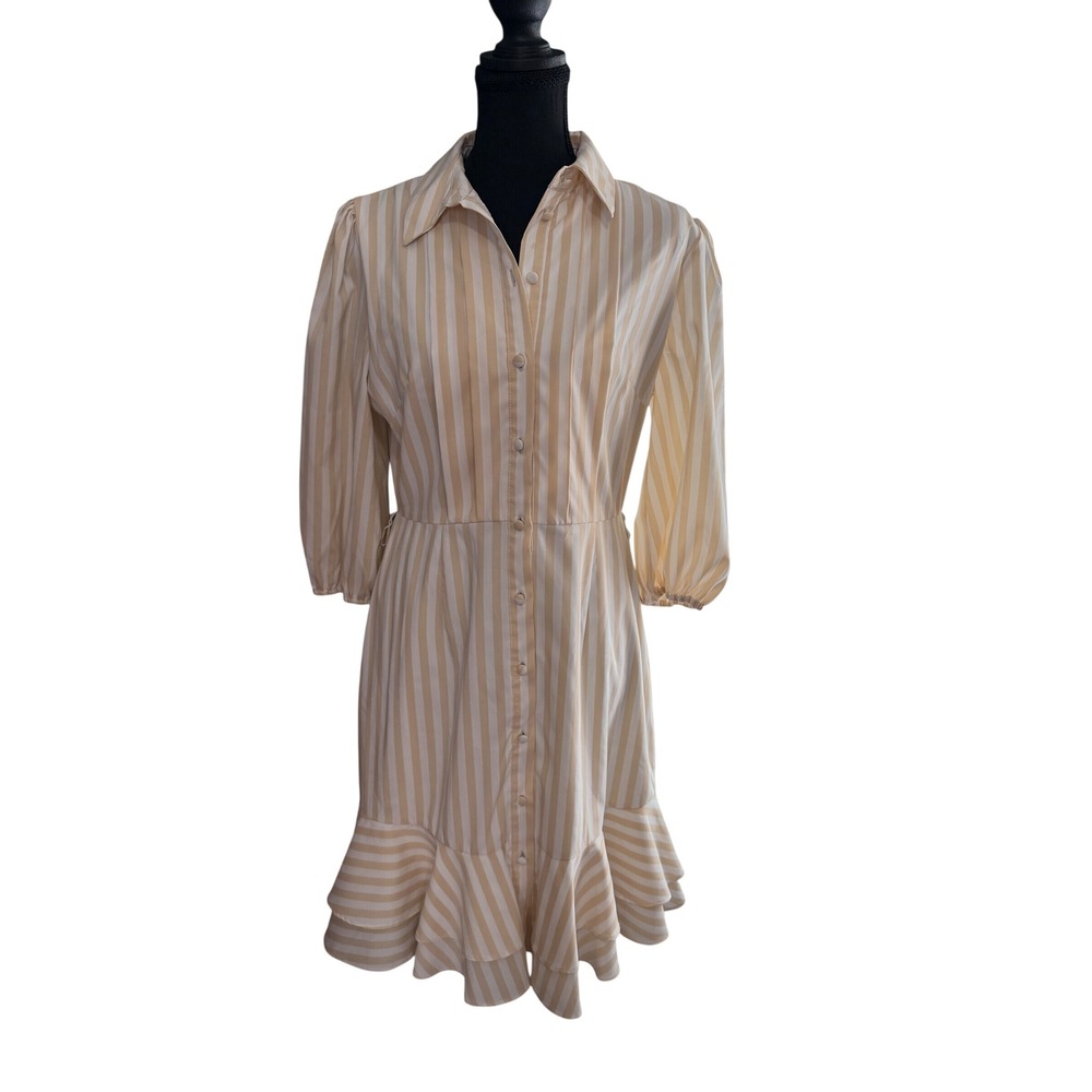 Alex Marie Tan White Striped Button Front Ruffle‎ Hem Shirt Dress Size 6 Office